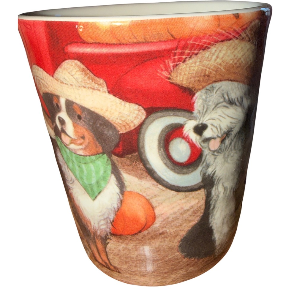 Pier 1 Imports Dog Harvest Mug White Ironstone Pumpkin Patch Red Truck Excellent